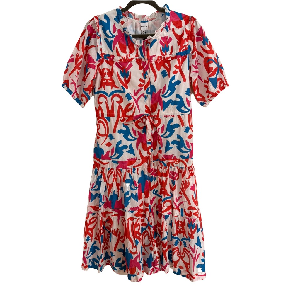 CHARLEE Taylor Dress Ikat Orange Abstract Print‎ Ruffle Tiered Midi Medium NEW - Picture 2 of 6